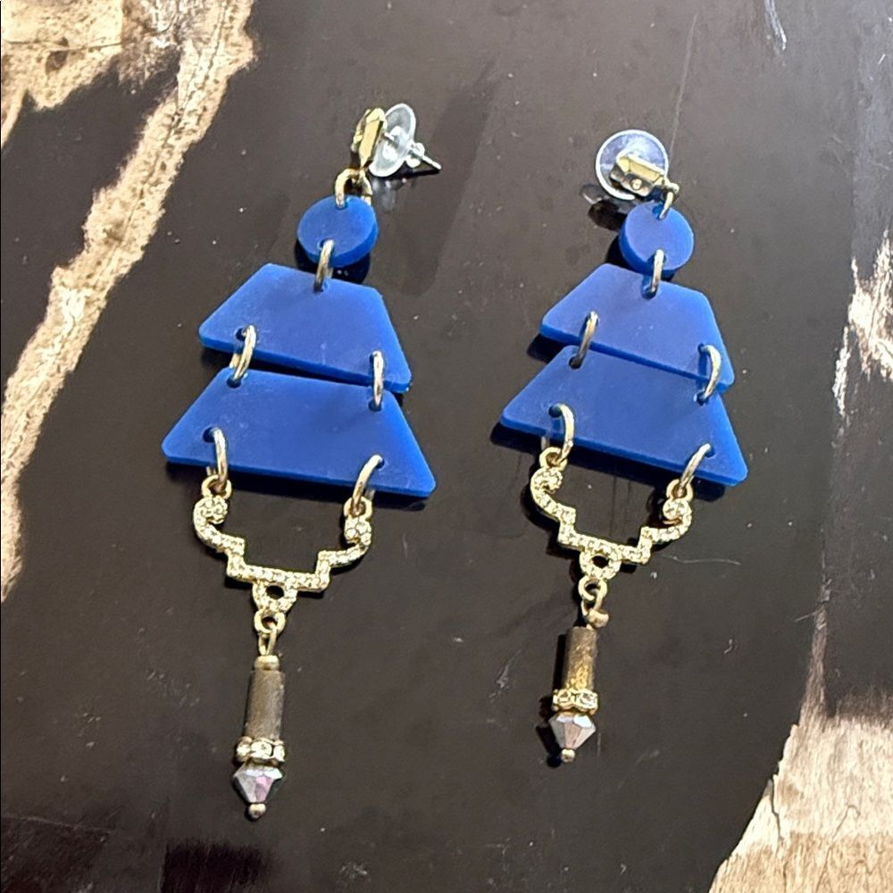 Blue and Gold Geometric Dangle Earrings